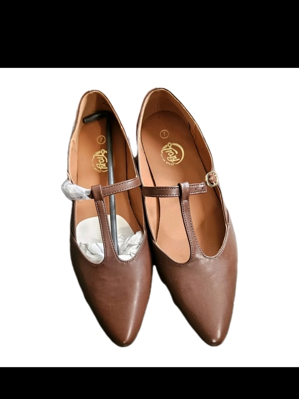 Trary Women’s Brown T-Strap Mary Jane Flats Pointed Toe Comfort Dress Shoes Size